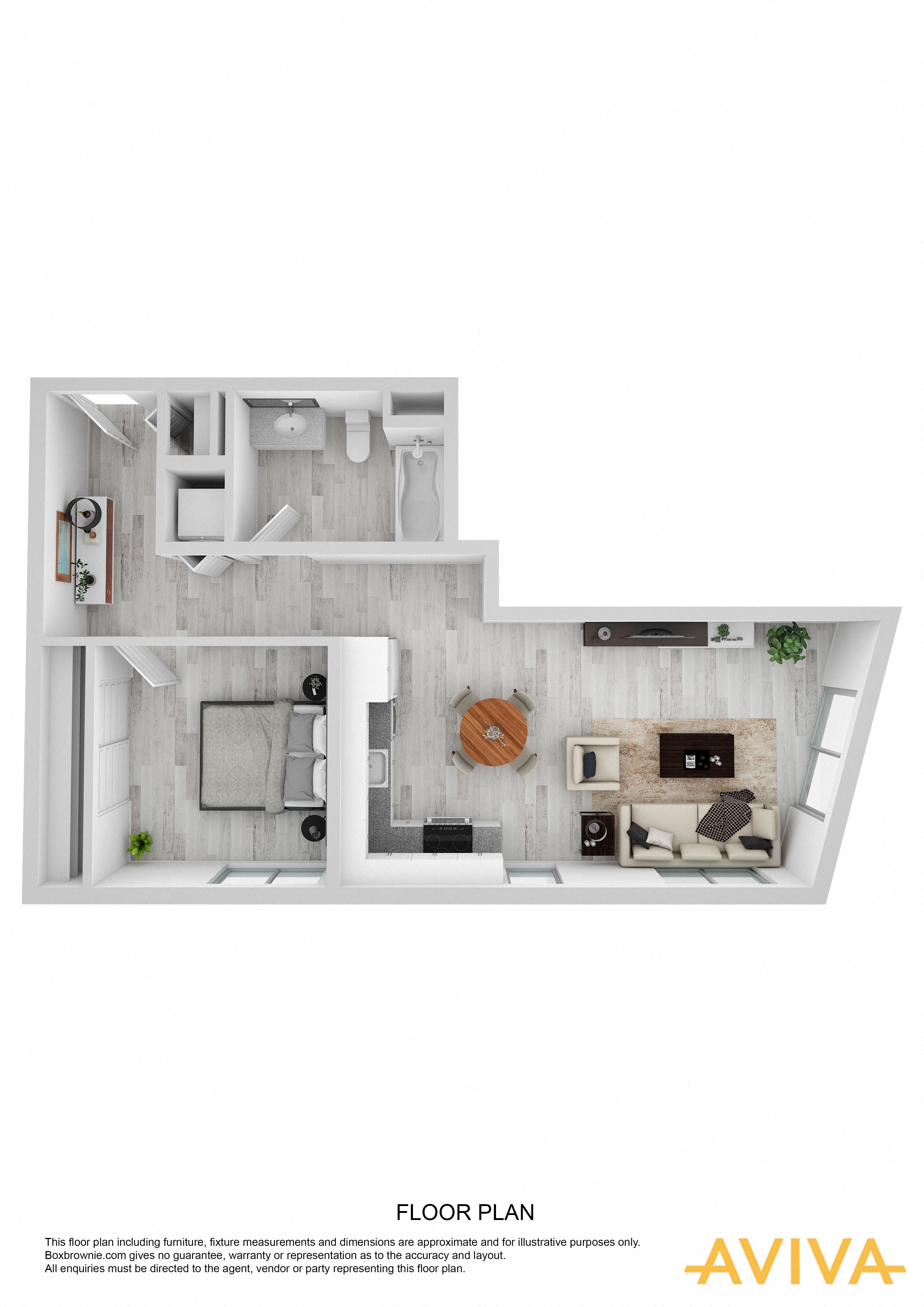 Floor plan for 1 bed, 1 bath, 592 sqft